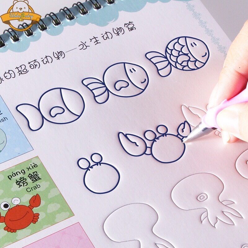 UlelaBaby Reusable Calligraphy Practice 3D Drawing Book Groove Animal /Fruit / Vegetable / Plant Cartoon Children Coloring Books Kids Painting Book for 3-8 Years